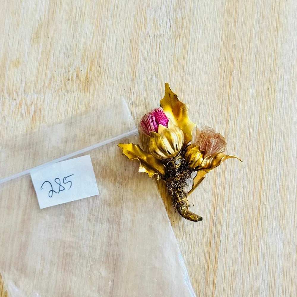 Floral Thistle Pin Fur Dress Clip VTG Antique Art Deco France Signed Gold Motif